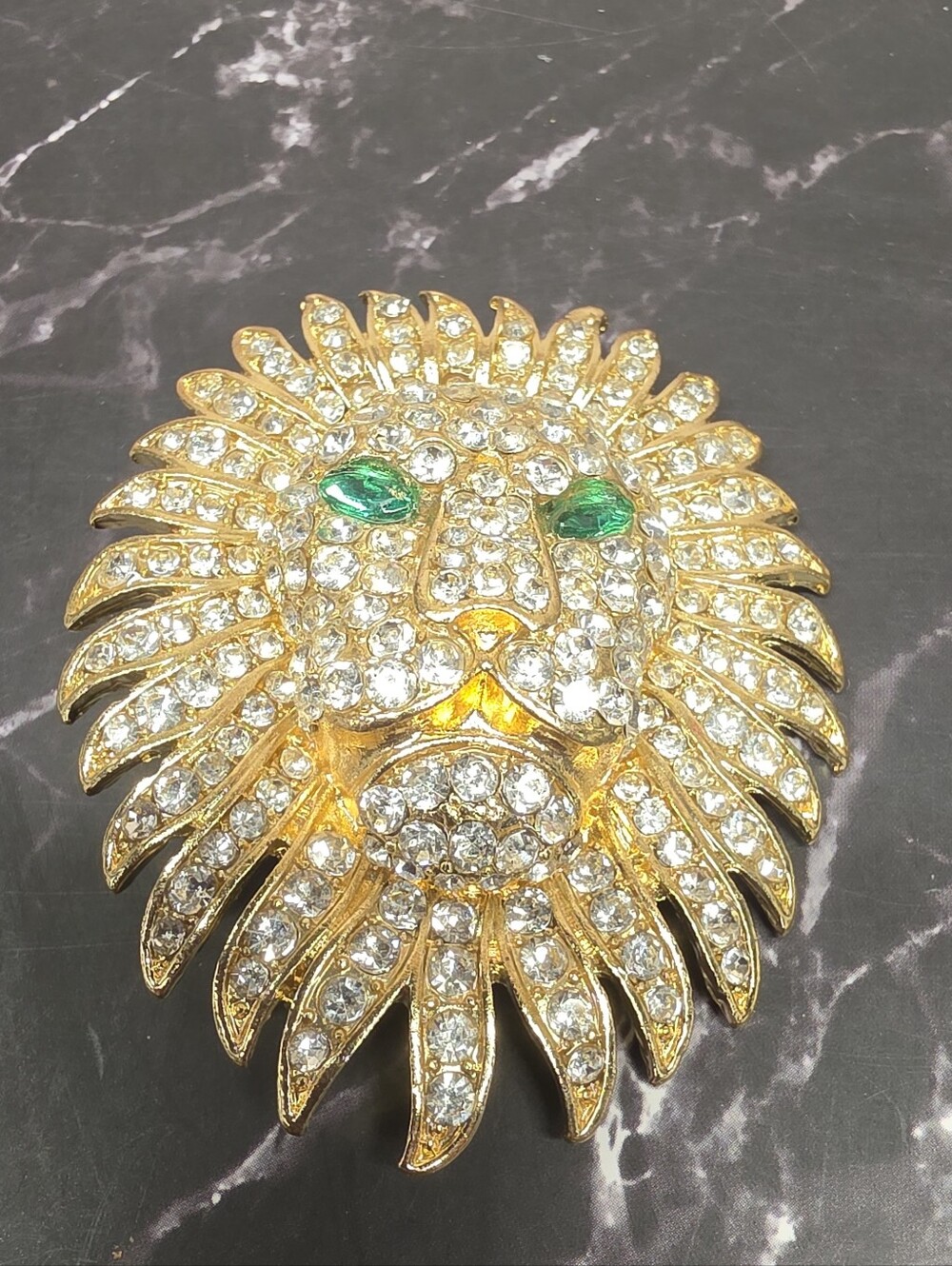 Vintage Signed JB Rhinestone Lion Brooch Green Eyes Gold Tone